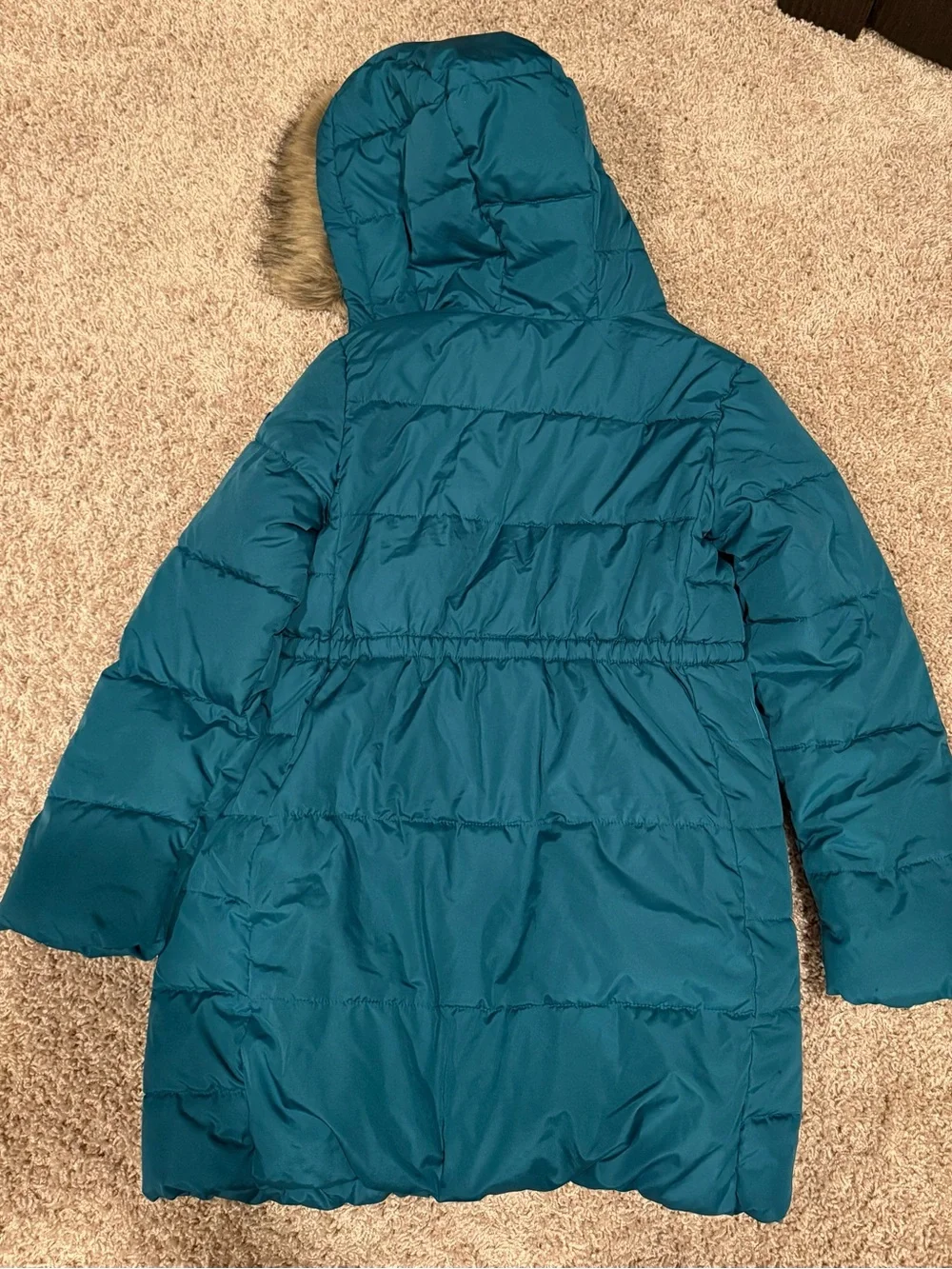 GAP Teal Hooded Puffer Jacket with Faux Fur Trim